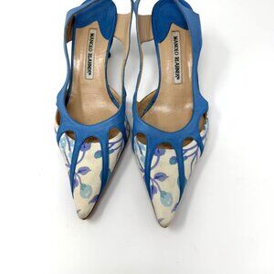 MANOLO BLAHNIK CANVAS CUTOUT ACCENT SLINGBACK PUMPS WOMENS SIZE 8.5 (38.5 EURO)